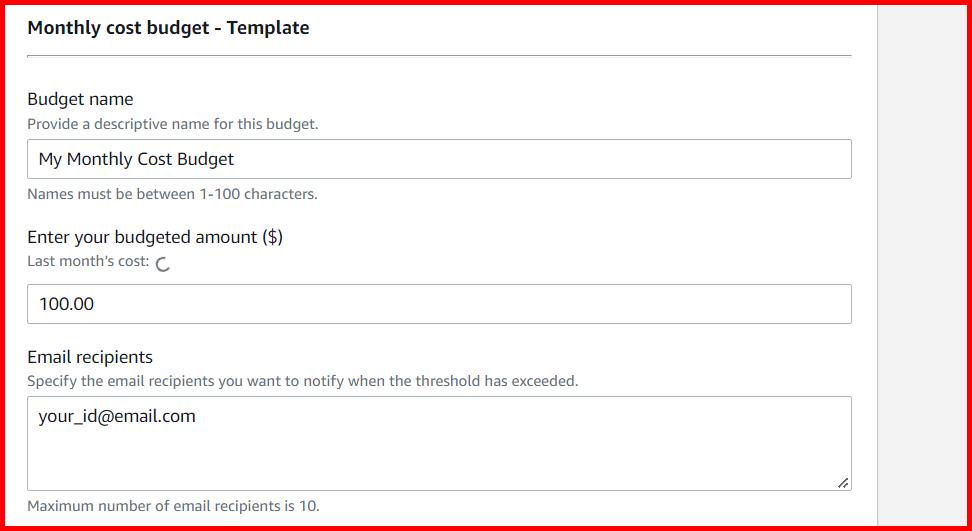 Picture showing the section of screen to enter the name and budget amount